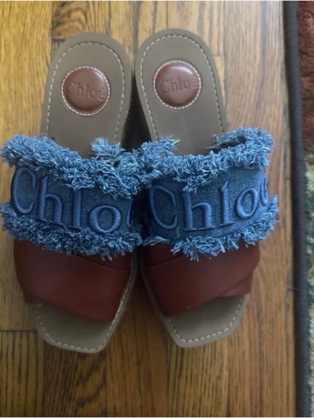 Chloe Denim Fringe & Brown Leather Platform Slides - Picture 2 of 3